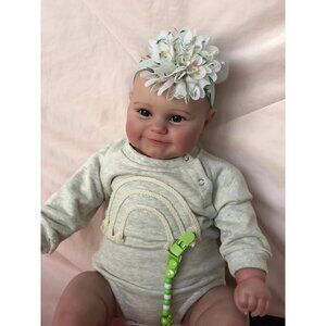 🆕 Reborn Baby Doll Grey Sweet Smile Full Body Silicone Vinyl Headband Flower